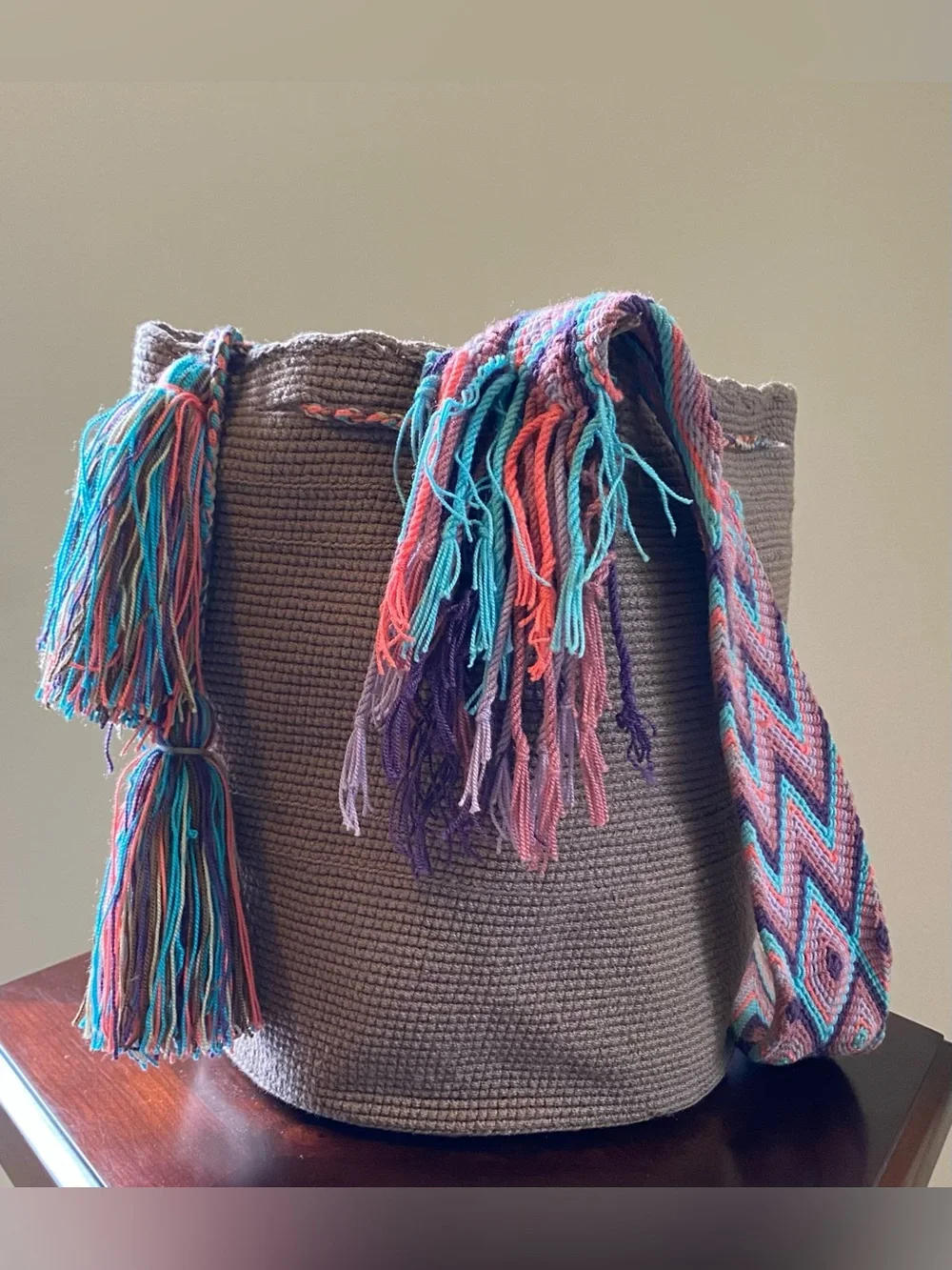 Handwoven Colombian Bag with Multicolor Chevron Strap & Tassels